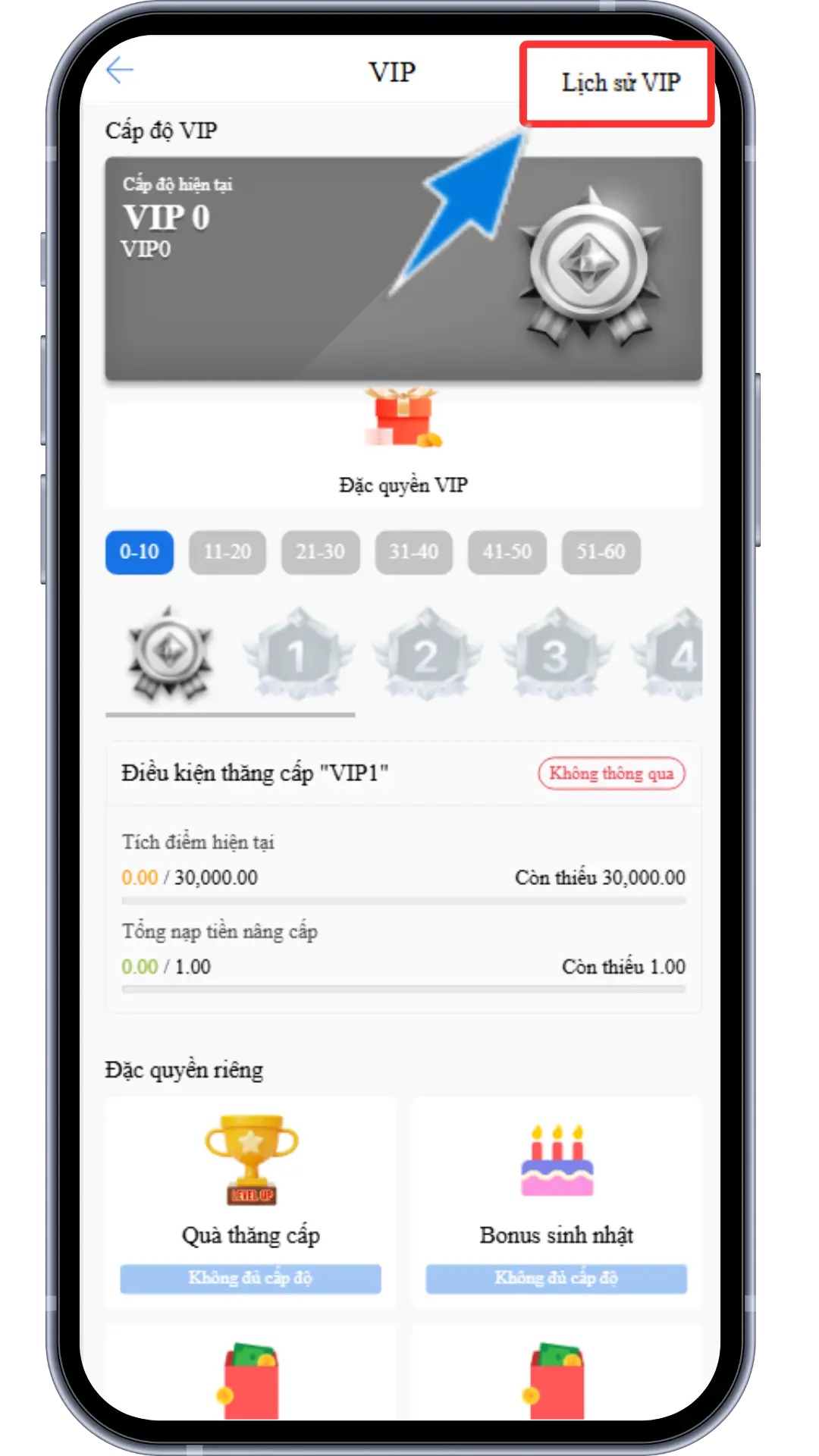 B3 : Tại phần " Đặc quyền riêng  " chọn nhận thưởng ( nếu có ) 